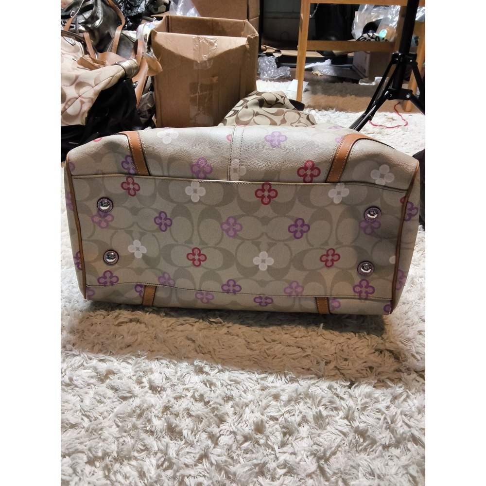 35.Coach Signature Floral Print Satchel Bag Khaki Purple Leather Trim F77377 - Picture 3 of 5